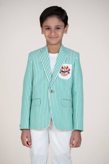 Little Boys Closet_Green Cotton Embroidery Striped Boys Blazer And Pant Set _Online_at_Aza_Fashions