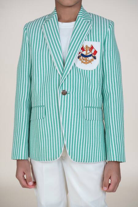 Shop_Little Boys Closet_Green Cotton Embroidery Striped Boys Blazer And Pant Set _Online_at_Aza_Fashions