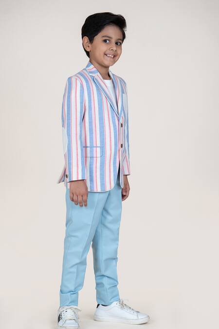 Little Boys Closet_Blue Linen Striped Blazer And Pant Set _Online_at_Aza_Fashions