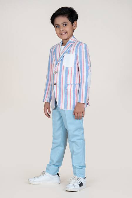 Shop_Little Boys Closet_Blue Linen Striped Blazer And Pant Set _Online_at_Aza_Fashions