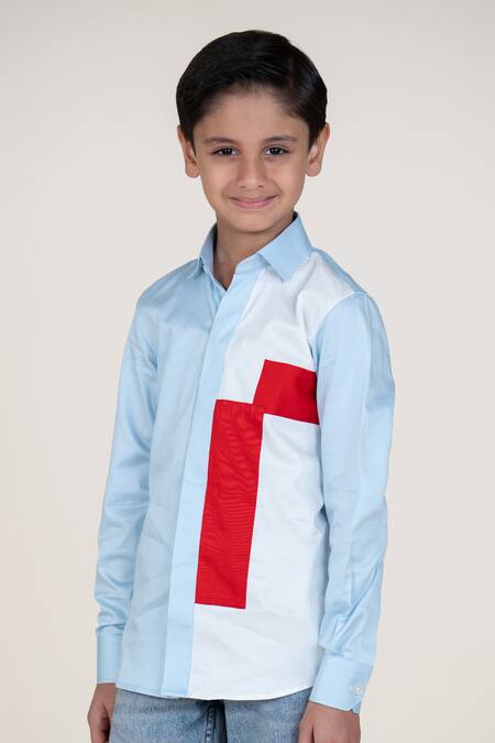 Little Boys Closet_Blue Cotton Satin Color Block Designer Shirt_Online_at_Aza_Fashions