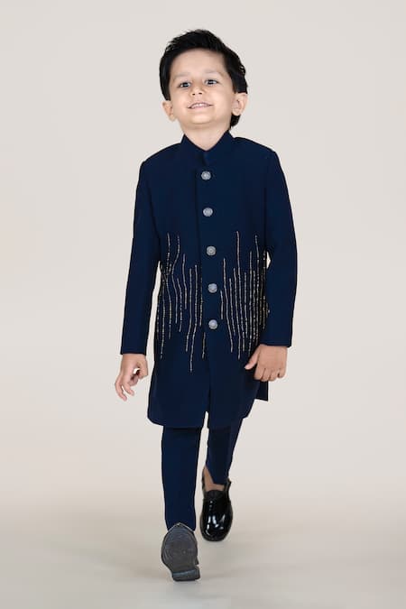 Little Boys Closet Blue Metallic Thread Designer Sherwani And Pant Set 