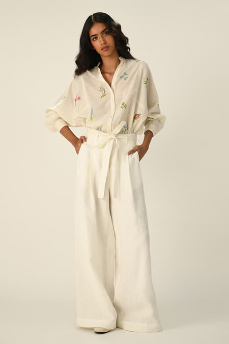 Payal Pratap Ivory Embroidery Collared Eglantyne Panelled Shirt