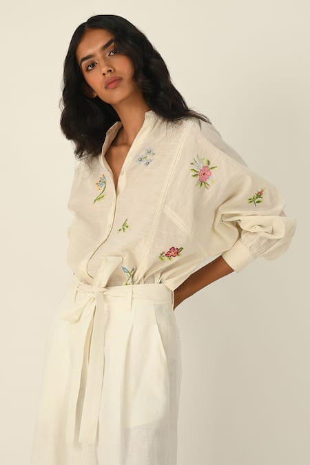 Buy Payal Pratap Ivory Embroidery Collared Eglantyne Panelled Shirt Online at Aza Fashions Buy_Payal Pratap_Ivory Embroidery Collared Eglantyne Panelled Shirt _Online_at_Aza_Fashions
