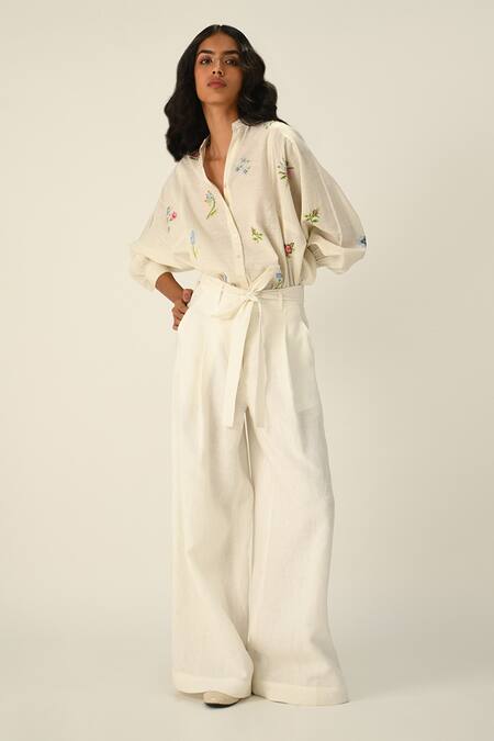 Buy Payal Pratap Ivory Linen Canina Belted Wide Leg Pants Online at Aza Fashions Buy_Payal Pratap_Ivory Linen Canina Belted Wide Leg Pants _Online_at_Aza_Fashions