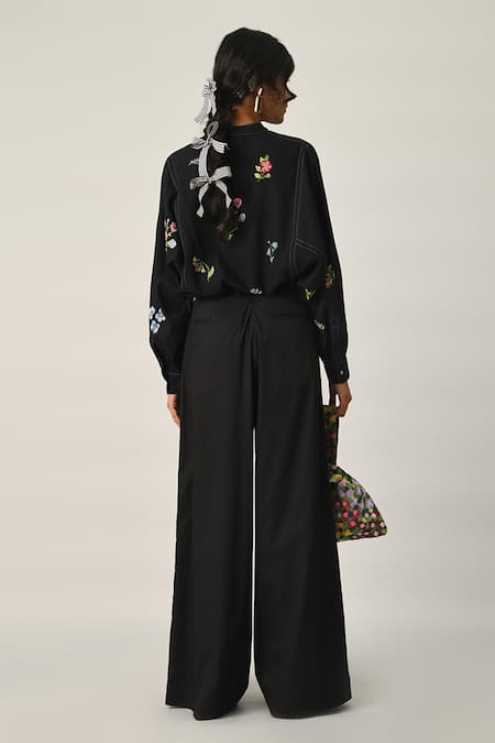 Shop Payal Pratap Black Handloom Cotton Embroidery Collared Eglantyne Panelled Shirt at Aza Fashions Shop_Payal Pratap_Black Handloom Cotton Embroidery Collared Eglantyne Panelled Shirt _at_Aza_Fashions