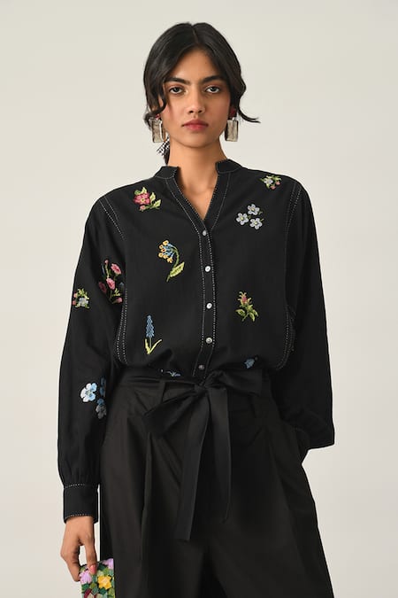 Buy Payal Pratap Black Handloom Cotton Embroidery Collared Eglantyne Panelled Shirt Online at Aza Fashions Buy_Payal Pratap_Black Handloom Cotton Embroidery Collared Eglantyne Panelled Shirt _Online_at_Aza_Fashions