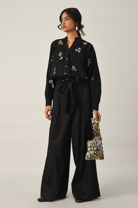 Shop Payal Pratap Black Handloom Cotton Embroidery Collared Eglantyne Panelled Shirt Online at Aza Fashions Shop_Payal Pratap_Black Handloom Cotton Embroidery Collared Eglantyne Panelled Shirt _Online_at_Aza_Fashions