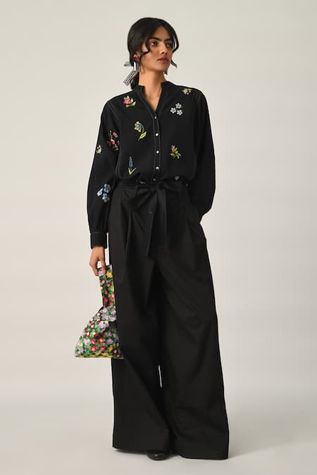 Payal Pratap Black Cotton Setigara Wide Leg Pants Online at Aza Fashions Payal Pratap_Black Cotton Setigara Wide Leg Pants _Online_at_Aza_Fashions