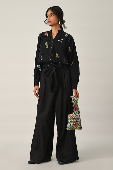 Payal Pratap Black Cotton Setigara Wide Leg Pants 