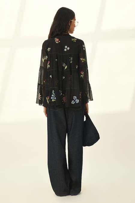 Shop Payal Pratap Black Embroidery Open Neck Baccara Tiered Top at Aza Fashions Shop_Payal Pratap_Black Embroidery Open Neck Baccara Tiered Top _at_Aza_Fashions