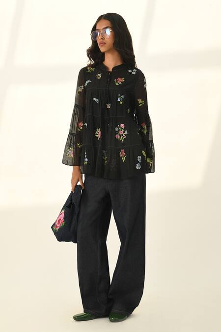 Payal Pratap Black Embroidery Open Neck Baccara Tiered Top Online at Aza Fashions Payal Pratap_Black Embroidery Open Neck Baccara Tiered Top _Online_at_Aza_Fashions