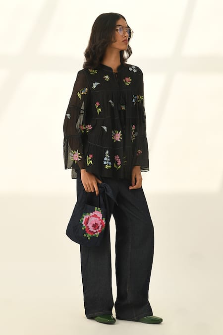 Buy Payal Pratap Black Embroidery Open Neck Baccara Tiered Top Online at Aza Fashions Buy_Payal Pratap_Black Embroidery Open Neck Baccara Tiered Top _Online_at_Aza_Fashions