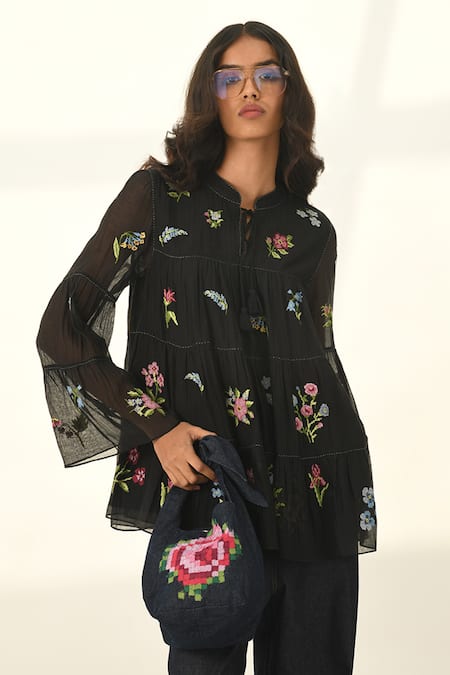 Shop Payal Pratap Black Embroidery Open Neck Baccara Tiered Top Online at Aza Fashions Shop_Payal Pratap_Black Embroidery Open Neck Baccara Tiered Top _Online_at_Aza_Fashions