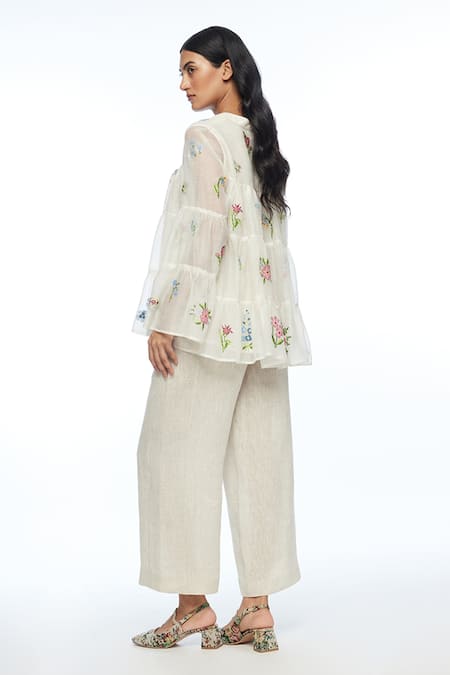 Shop Payal Pratap Ivory Cotton, Silk Embroidery Mandarin Collar Baccara Tiered Top at Aza Fashions Shop_Payal Pratap_Ivory Cotton, Silk Embroidery Mandarin Collar Baccara Tiered Top _at_Aza_Fashions