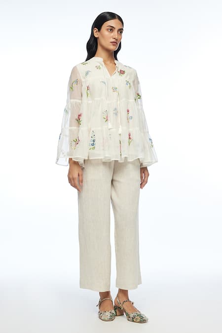 Payal Pratap Ivory Cotton, Silk Embroidery Mandarin Collar Baccara Tiered Top Online at Aza Fashions Payal Pratap_Ivory Cotton, Silk Embroidery Mandarin Collar Baccara Tiered Top _Online_at_Aza_Fashions