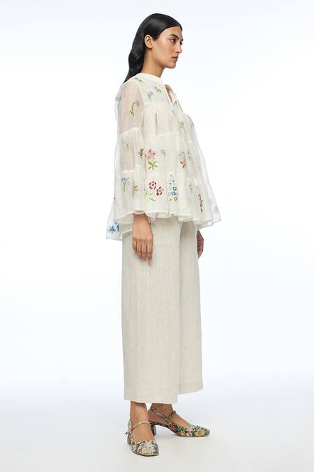 Buy Payal Pratap Ivory Cotton, Silk Embroidery Mandarin Collar Baccara Tiered Top Online at Aza Fashions Buy_Payal Pratap_Ivory Cotton, Silk Embroidery Mandarin Collar Baccara Tiered Top _Online_at_Aza_Fashions