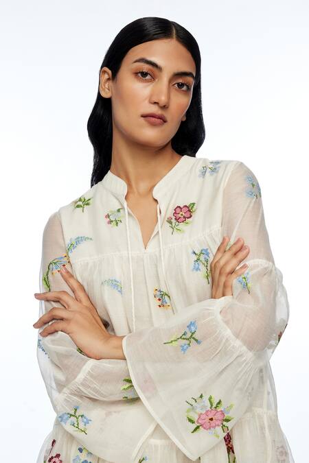 Shop Payal Pratap Ivory Cotton, Silk Embroidery Mandarin Collar Baccara Tiered Top Online at Aza Fashions Shop_Payal Pratap_Ivory Cotton, Silk Embroidery Mandarin Collar Baccara Tiered Top _Online_at_Aza_Fashions