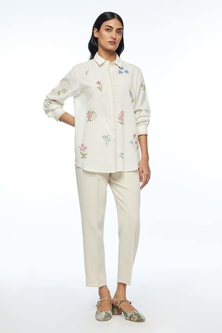 Payal Pratap Ivory Handloom Cotton Embroidery Collared Cross Stitch Shirt 