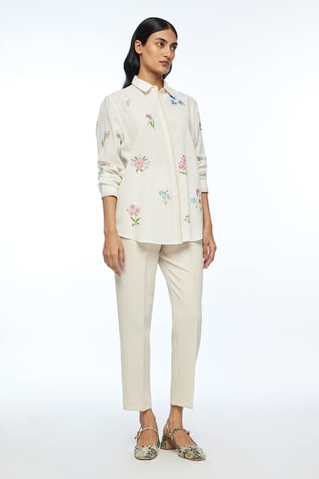 Payal Pratap Ivory Handloom Cotton Embroidery Collared Cross Stitch Shirt Online at Aza Fashions Payal Pratap_Ivory Handloom Cotton Embroidery Collared Cross Stitch Shirt _Online_at_Aza_Fashions