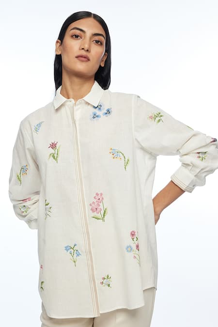 Shop Payal Pratap Ivory Handloom Cotton Embroidery Collared Cross Stitch Shirt Online at Aza Fashions Shop_Payal Pratap_Ivory Handloom Cotton Embroidery Collared Cross Stitch Shirt _Online_at_Aza_Fashions