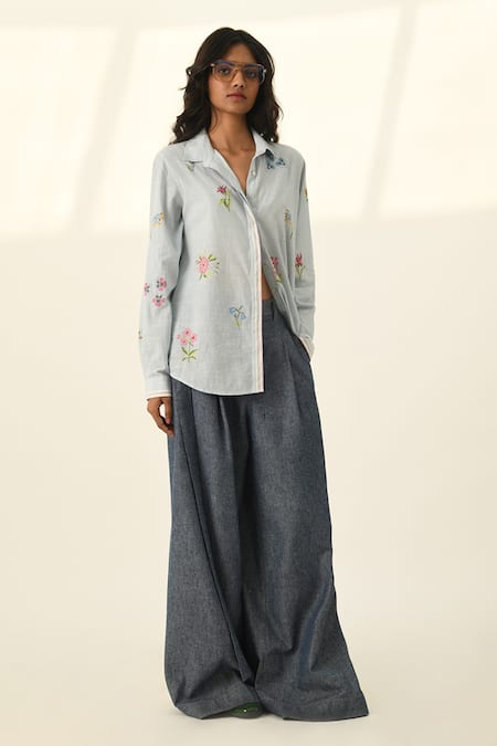 Payal Pratap Blue Handloom Cotton Embroidery Collared Glabrifolia Cross Stitch Shirt Online at Aza Fashions Payal Pratap_Blue Handloom Cotton Embroidery Collared Glabrifolia Cross Stitch Shirt _Online_at_Aza_Fashions