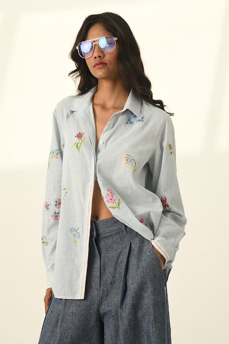 Buy Payal Pratap Blue Handloom Cotton Embroidery Collared Glabrifolia Cross Stitch Shirt Online at Aza Fashions Buy_Payal Pratap_Blue Handloom Cotton Embroidery Collared Glabrifolia Cross Stitch Shirt _Online_at_Aza_Fashions