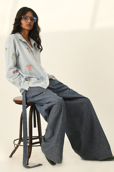 Shop Payal Pratap Blue Handloom Cotton Embroidery Collared Glabrifolia Cross Stitch Shirt Online at Aza Fashions Shop_Payal Pratap_Blue Handloom Cotton Embroidery Collared Glabrifolia Cross Stitch Shirt _Online_at_Aza_Fashions