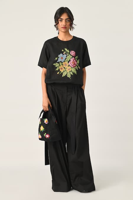 Payal Pratap Black Linen Embroidery Round Neck Top 