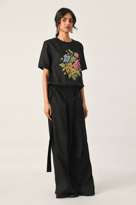 Payal Pratap Black Linen Embroidery Round Neck Top Online at Aza Fashions Payal Pratap_Black Linen Embroidery Round Neck Top _Online_at_Aza_Fashions