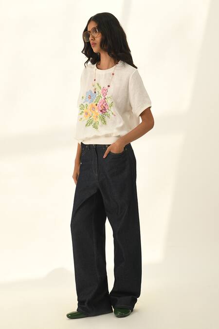 Payal Pratap Ivory Linen Embroidery Round Neck Top Online at Aza Fashions Payal Pratap_Ivory Linen Embroidery Round Neck Top _Online_at_Aza_Fashions