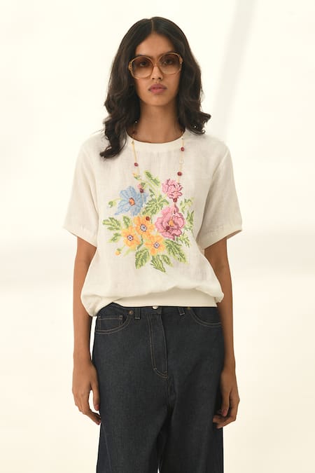 Shop Payal Pratap Ivory Linen Embroidery Round Neck Top Online at Aza Fashions Shop_Payal Pratap_Ivory Linen Embroidery Round Neck Top _Online_at_Aza_Fashions