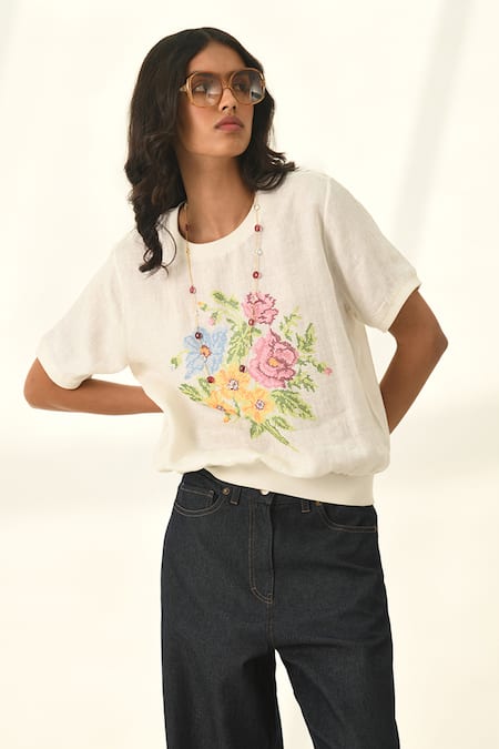 Payal Pratap Ivory Linen Embroidery Round Neck Top at Aza Fashions Payal Pratap_Ivory Linen Embroidery Round Neck Top _at_Aza_Fashions