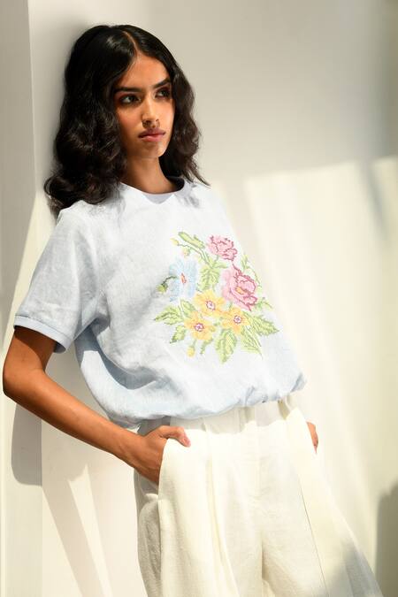 Payal Pratap Blue Linen Embroidery Round Neck Top Online at Aza Fashions Payal Pratap_Blue Linen Embroidery Round Neck Top _Online_at_Aza_Fashions