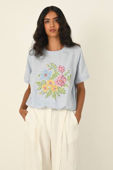 Buy Payal Pratap Blue Linen Embroidery Round Neck Top Buy_Payal Pratap_Blue Linen Embroidery Round Neck Top