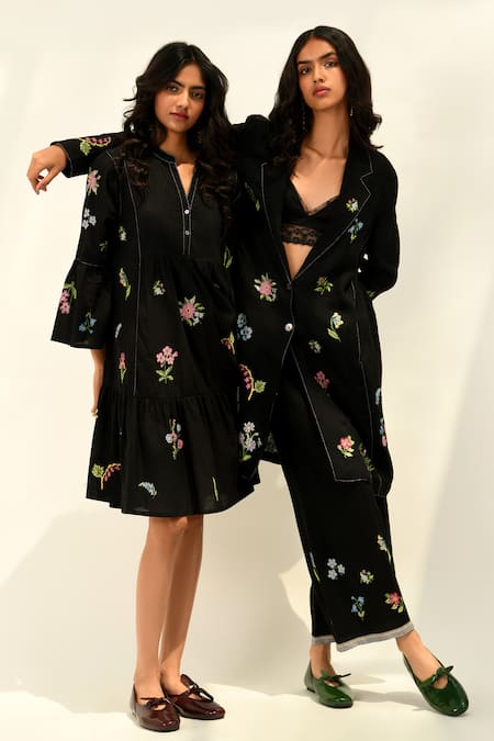 Shop Payal Pratap Black Linen Embroidery Notched Neck Carmagnole Jacket Online at Aza Fashions Shop_Payal Pratap_Black Linen Embroidery Notched Neck Carmagnole Jacket _Online_at_Aza_Fashions