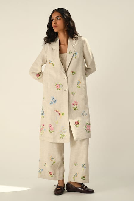 Payal Pratap Beige Linen Embroidery Collared Jacket 