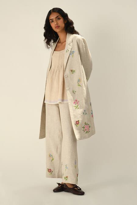 Payal Pratap Beige Linen Embroidery Collared Jacket Online at Aza Fashions Payal Pratap_Beige Linen Embroidery Collared Jacket _Online_at_Aza_Fashions