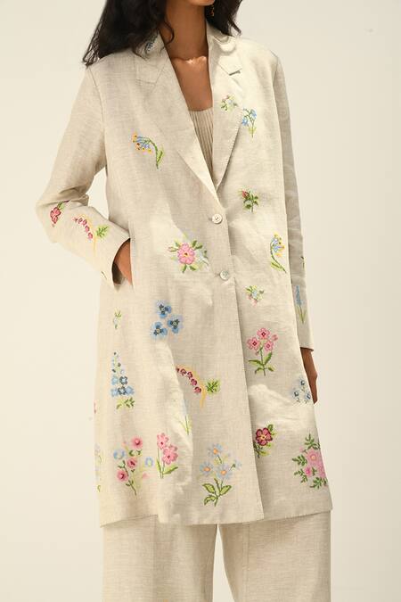 Shop Payal Pratap Beige Linen Embroidery Collared Jacket Online at Aza Fashions Shop_Payal Pratap_Beige Linen Embroidery Collared Jacket _Online_at_Aza_Fashions