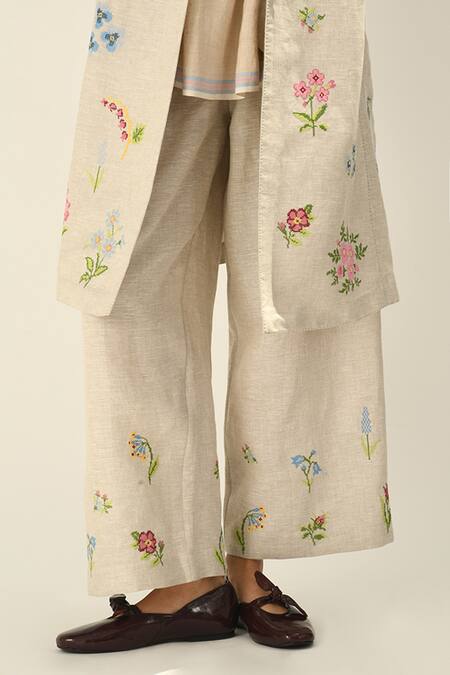Buy Payal Pratap Beige Linen Embroidery Pants Online at Aza Fashions Buy_Payal Pratap_Beige Linen Embroidery Pants _Online_at_Aza_Fashions