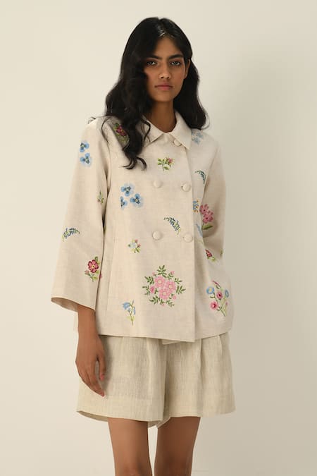 Shop Payal Pratap Beige Embroidery Collared Ambridge Double Breasted Jacket Online at Aza Fashions Shop_Payal Pratap_Beige Embroidery Collared Ambridge Double Breasted Jacket _Online_at_Aza_Fashions