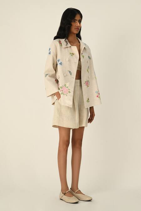 Payal Pratap Beige Linen Gallica Tailored Pleated Shorts Online at Aza Fashions Payal Pratap_Beige Linen Gallica Tailored Pleated Shorts _Online_at_Aza_Fashions