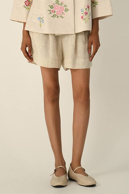 Buy Payal Pratap Beige Linen Gallica Tailored Pleated Shorts Online at Aza Fashions Buy_Payal Pratap_Beige Linen Gallica Tailored Pleated Shorts _Online_at_Aza_Fashions