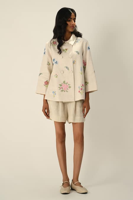 Payal Pratap Beige Linen Gallica Tailored Pleated Shorts 
