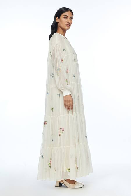 Payal Pratap Ivory Cotton, Silk Embroidery Round Neck Forrestiana Tiered Maxi Dress Online at Aza Fashions Payal Pratap_Ivory Cotton, Silk Embroidery Round Neck Forrestiana Tiered Maxi Dress _Online_at_Aza_Fashions