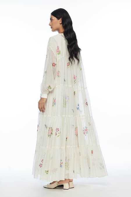 Shop Payal Pratap Ivory Cotton, Silk Embroidery Round Neck Forrestiana Tiered Maxi Dress at Aza Fashions Shop_Payal Pratap_Ivory Cotton, Silk Embroidery Round Neck Forrestiana Tiered Maxi Dress _at_Aza_Fashions