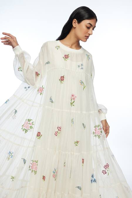 Buy Payal Pratap Ivory Cotton, Silk Embroidery Round Neck Forrestiana Tiered Maxi Dress Online at Aza Fashions Buy_Payal Pratap_Ivory Cotton, Silk Embroidery Round Neck Forrestiana Tiered Maxi Dress _Online_at_Aza_Fashions