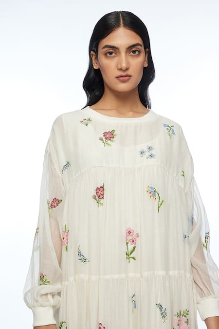 Shop Payal Pratap Ivory Cotton, Silk Embroidery Round Neck Forrestiana Tiered Maxi Dress Online at Aza Fashions Shop_Payal Pratap_Ivory Cotton, Silk Embroidery Round Neck Forrestiana Tiered Maxi Dress _Online_at_Aza_Fashions