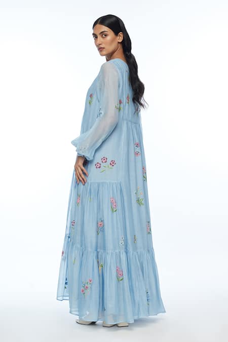 Shop Payal Pratap Blue Cotton, Silk Embroidery V-neck Diplodonta Dress at Aza Fashions Shop_Payal Pratap_Blue Cotton, Silk Embroidery V-neck Diplodonta Dress _at_Aza_Fashions