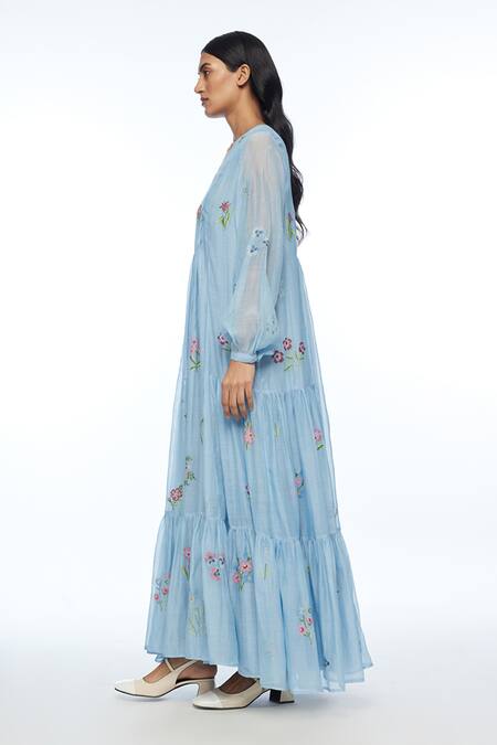 Payal Pratap Blue Cotton, Silk Embroidery V-neck Diplodonta Dress Online at Aza Fashions Payal Pratap_Blue Cotton, Silk Embroidery V-neck Diplodonta Dress _Online_at_Aza_Fashions